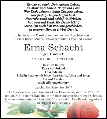 Traueranzeige von Erna Schacht von Mitteldeutsche Zeitung