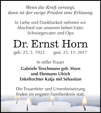 Traueranzeige von Ernst Horn von WVG - Wochenspiegel Dessau / Köthen