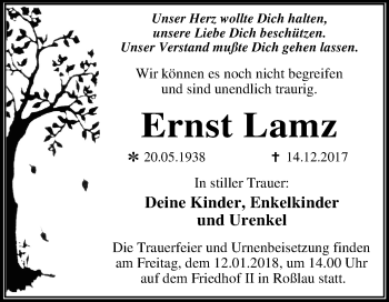 Traueranzeige von Ernst Lamz von Mitteldeutsche Zeitung Dessau-Roßlau