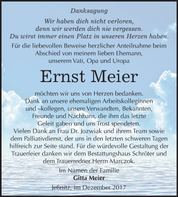 Traueranzeige von Ernst Meier von Mitteldeutsche Zeitung Bitterfeld