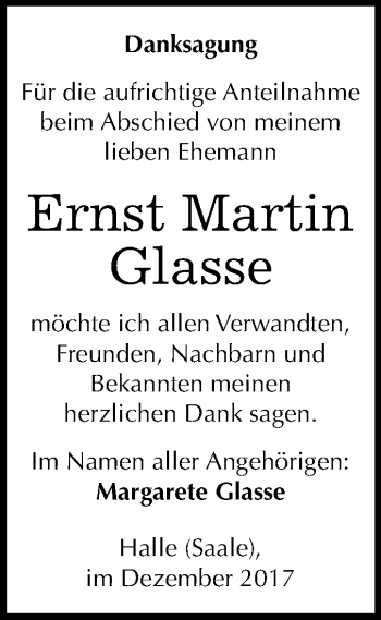 Traueranzeige von Ernst Martin Glasse von Mitteldeutsche Zeitung Halle/Saalkreis