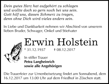 Traueranzeige von Erwin Holstein von Mitteldeutsche Zeitung Merseburg/Querfurt