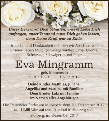 Traueranzeige von Eva Mingramm von Super Sonntag SGH Mansf. Land