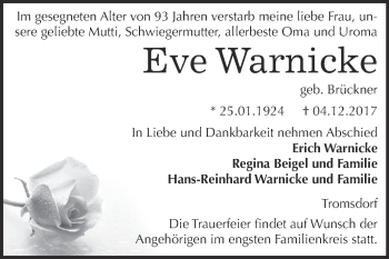 Traueranzeige von Eva Warnicke von WVG - Wochenspiegel NMB / WSF / ZTZ