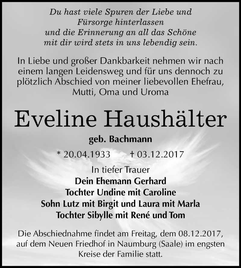 Traueranzeige für Eveline Haushälter vom 08.12.2017 aus Mitteldeutsche Zeitung