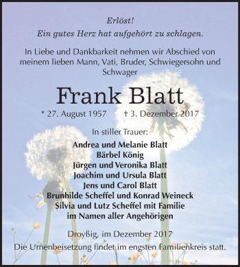 Traueranzeige von Frank Blatt von Mitteldeutsche Zeitung