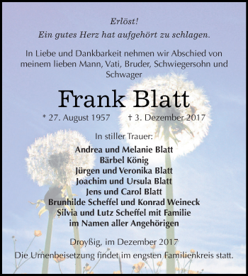 Traueranzeige von Frank Blatt von Super Sonntag Zeitz