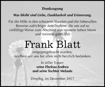 Traueranzeige von Frank Blatt von Mitteldeutsche Zeitung