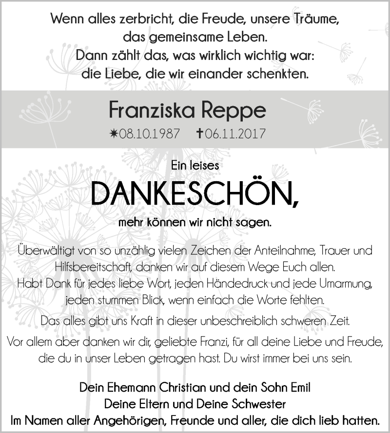  Traueranzeige für Franziska Reppe vom 09.12.2017 aus Mitteldeutsche Zeitung Halle/Saalkreis