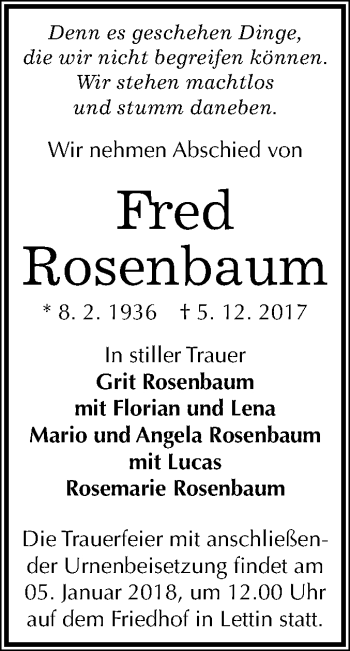 Traueranzeige von Fred Rosenbaum von Mitteldeutsche Zeitung Halle/Saalkreis