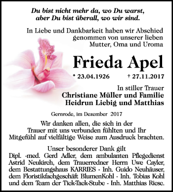 Traueranzeige von Frieda Apel von Mitteldeutsche Zeitung Quedlinburg