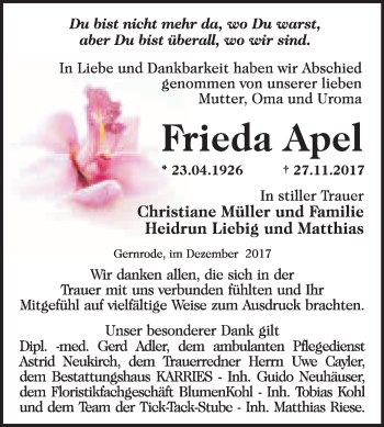 Traueranzeige von Frieda Apel von WVG - Wochenspiegel Quedlinburg