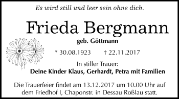 Traueranzeige von Frieda Bergmann von Mitteldeutsche Zeitung