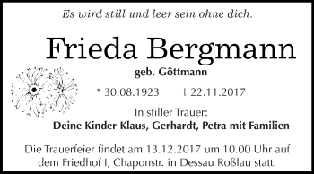 Traueranzeige von Frieda Bergmann von WVG - Wochenspiegel Dessau / Köthen