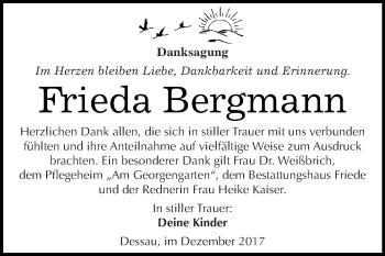 Traueranzeige von Frieda Bergmann von WVG - Wochenspiegel Dessau / Köthen