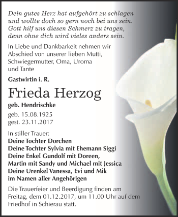 Traueranzeige von Frieda Herzog von WVG - Wochenspiegel Bitterfeld