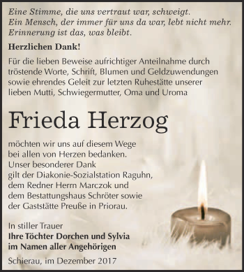 Traueranzeige von Frieda Herzog von WVG - Wochenspiegel Bitterfeld