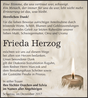 Traueranzeige von Frieda Herzog von Mitteldeutsche Zeitung Bitterfeld