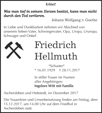 Traueranzeige von Friedrich Hellmuth von Super Sonntag Aschersleben