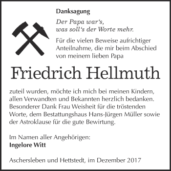 Traueranzeige von Friedrich Hellmuth von Super Sonntag Aschersleben