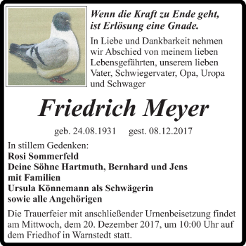 Traueranzeige von Friedrich Meyer von Mitteldeutsche Zeitung Quedlinburg