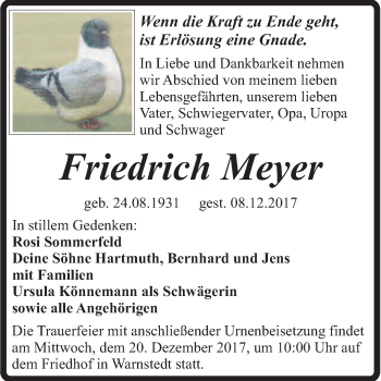 Traueranzeige von Friedrich Meyer von Super Sonntag Quedlinburg
