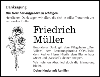 Traueranzeige von Friedrich Müller von WVG - Wochenspiegel NMB / WSF / ZTZ
