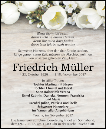 Traueranzeige von Friedrich Müller von WVG - Wochenspiegel NMB / WSF / ZTZ