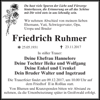Traueranzeige von Friedrich Ruhmer von WVG - Wochenspiegel Dessau / Köthen