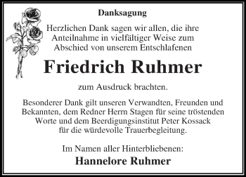Traueranzeige von Friedrich Ruhmer von WVG - Wochenspiegel Dessau / Köthen