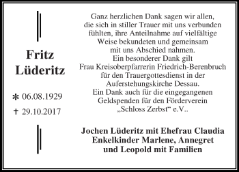 Traueranzeige von Fritz Lüderitz von WVG - Wochenspiegel Dessau / Köthen