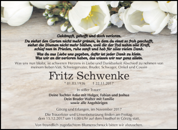 Traueranzeige von Fritz Schwenke von WVG - Wochenspiegel Dessau / Köthen