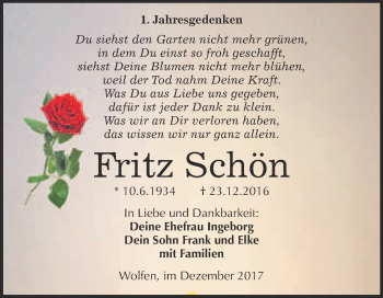 Traueranzeige von Fritz Schön von WVG - Wochenspiegel Bitterfeld