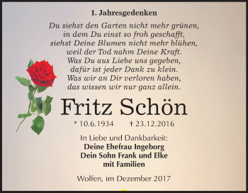 Traueranzeige von Fritz Schön von Mitteldeutsche Zeitung Bitterfeld