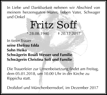 Traueranzeige von Fritz Soff von Mitteldeutsche Zeitung Zeitz