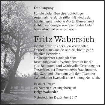 Traueranzeige von Fritz Wabersich von Super Sonntag Quedlinburg