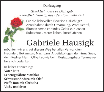 Traueranzeige von Gabriele Hausigk von WVG - Wochenspiegel Bitterfeld