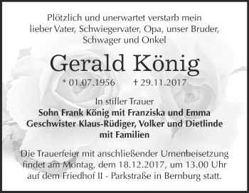 Traueranzeige von Gerald König von Super Sonntag Bernburg