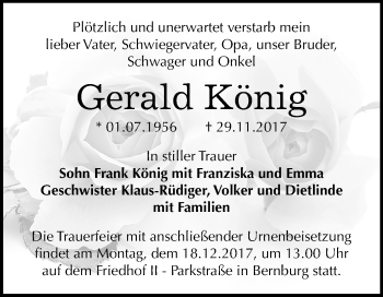 Traueranzeige von Gerald König von Mitteldeutsche Zeitung Bernburg