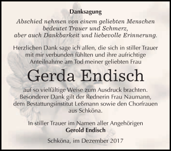 Traueranzeige von Gerda Endisch von WVG - Wochenspiegel Wittenberg