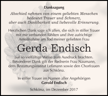 Traueranzeige von Gerda Endisch von Mitteldeutsche Zeitung