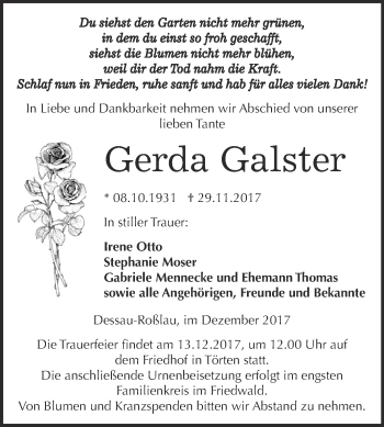 Traueranzeige von Gerda Galster von WVG - Wochenspiegel Dessau / Köthen
