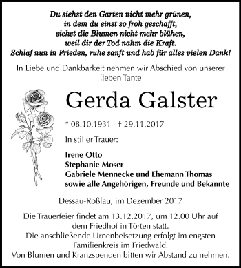 Traueranzeige von Gerda Galster von Mitteldeutsche Zeitung Dessau-Roßlau