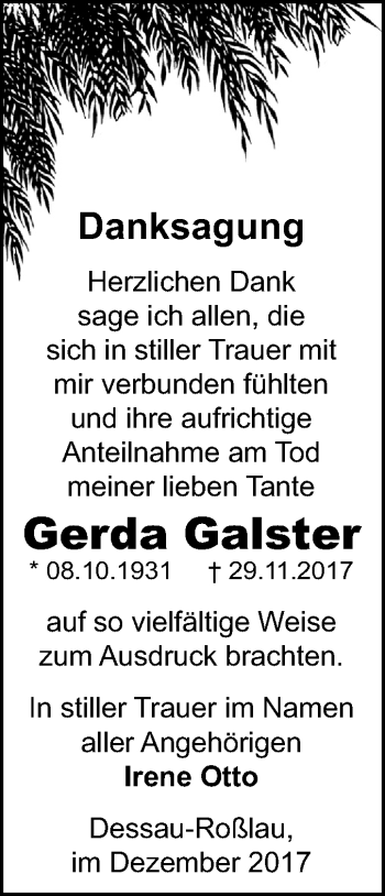 Traueranzeige von Gerda Galster von Mitteldeutsche Zeitung Dessau-Roßlau