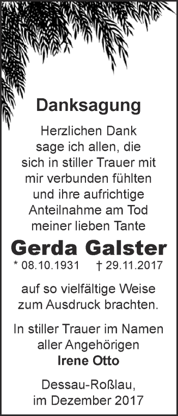 Traueranzeige von Gerda Galster von WVG - Wochenspiegel Dessau / Köthen