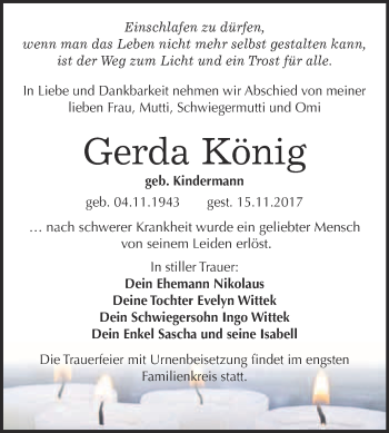Traueranzeige von Gerda König von WVG - Wochenspiegel Bitterfeld