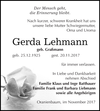 Traueranzeige von Gerda Lehmann von WVG - Wochenspiegel Wittenberg