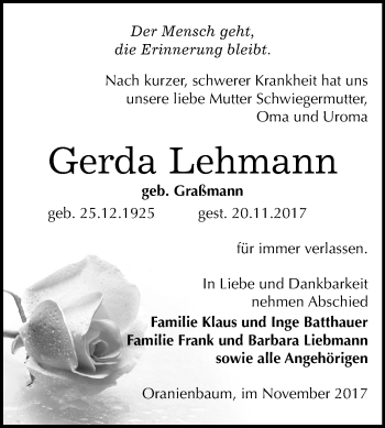 Traueranzeige von Gerda Lehmann von Mitteldeutsche Zeitung Dessau-Roßlau