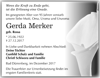 Traueranzeige von Gerda Merker von Mitteldeutsche Zeitung Merseburg/Querfurt