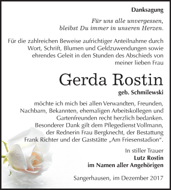 Traueranzeige von Gerda Rostin von Mitteldeutsche Zeitung